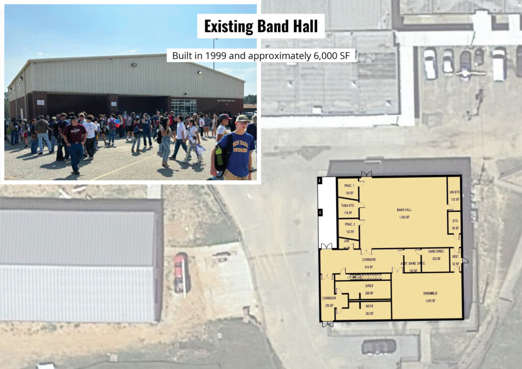floor plan of existing band hall with photo of East side of band hall exterior